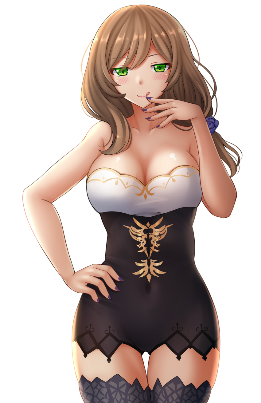1girl :q bare_arms bare_shoulders black_legwear breasts brown_hair cleavage closed_mouth collarbone covered_navel cowboy_shot genshin_impact green_eyes hand_on_hip hand_up highres kazenokaze large_breasts lisa_(genshin_impact) long_hair looking_at_viewer nail_polish purple_nails simple_background smile solo strapless thighhighs tongue tongue_out white_background