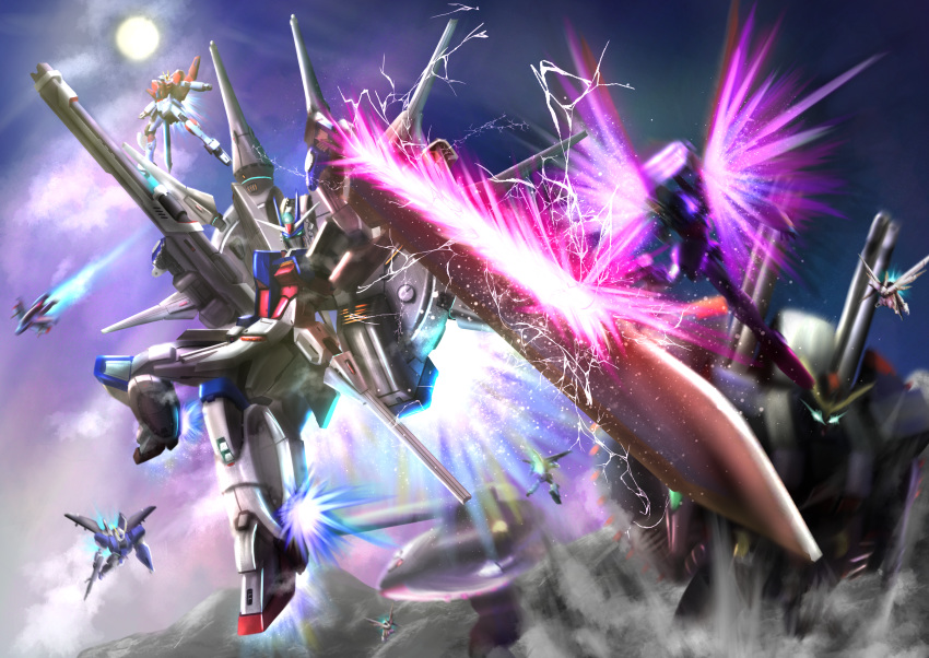 absurdres blue_eyes destiny_gundam destroy_gundam energy_sword energy_wings flying glowing glowing_eyes gun gundam gundam_seed gundam_seed_destiny highres holding holding_gun holding_sword holding_weapon huge_filesize impulse_gundam legend_gundam mecha mecha_request no_humans propro13 solo_focus sword v-fin weapon windam_(gundam_seed)