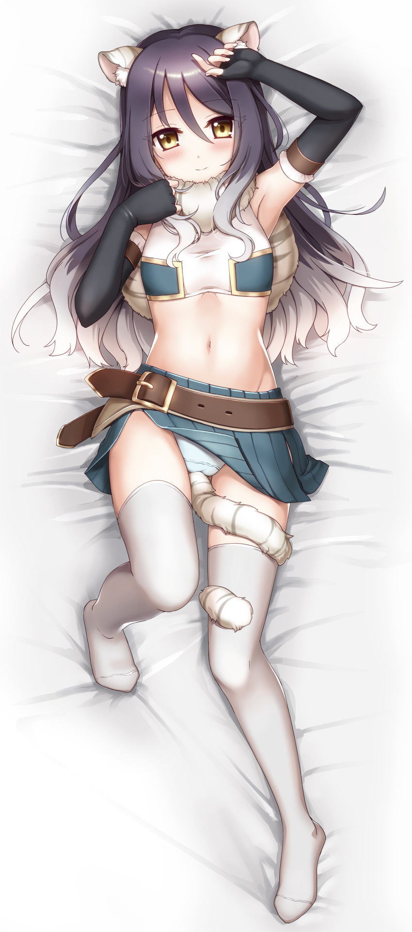 1girl absurdres animal_ear_fluff animal_ears arm_up armpits bandeau bangs bare_shoulders bed_sheet belt black_gloves black_hair blush breasts brown_belt capelet commentary_request crop_top dakimakura elbow_gloves eyebrows_visible_through_hair fingerless_gloves full_body fur_capelet gloves gradient_hair green_panties green_skirt groin hair_between_eyes highres kaiba_tomoyuki long_hair looking_at_viewer lying midriff miniskirt multicolored_hair navel on_back panties princess_connect! princess_connect!_re:dive shadow shiori_(princess_connect!) sidelocks skindentation skirt small_breasts smile solo striped_tail tail thighhighs tiger_ears tiger_tail underwear white_legwear yellow_eyes zettai_ryouiki