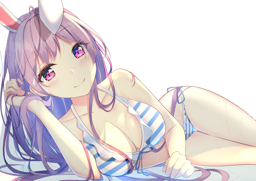 1girl absurdres animal_ears bare_shoulders bikini blush breasts bunny_ears cleavage closed_mouth collarbone commentary_request diving_penguin eyebrows_visible_through_hair feet_out_of_frame fingernails hand_in_hair highres large_breasts long_hair looking_at_viewer lying navel on_side purple_eyes purple_hair reisen_udongein_inaba side-tie_bottom simple_background smile solo striped striped_bikini swimsuit thighs touhou very_long_hair white_background