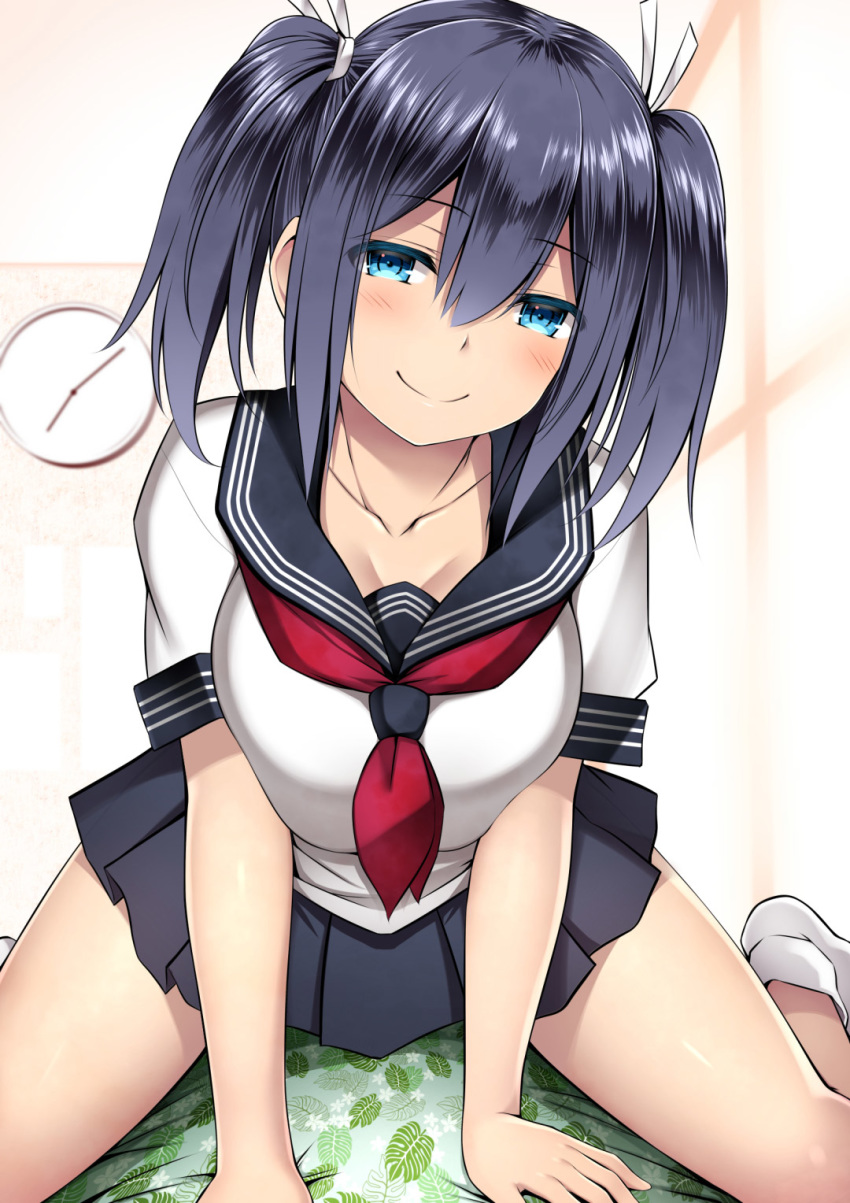 1girl alternate_costume black_sailor_collar black_skirt blue_eyes blue_hair breasts commentary_request hair_ribbon highres kantai_collection kuromayu large_breasts long_hair looking_at_viewer pleated_skirt ribbon sailor_collar school_uniform serafuku skirt smile socks solo souryuu_(kantai_collection) straddling twintails white_legwear