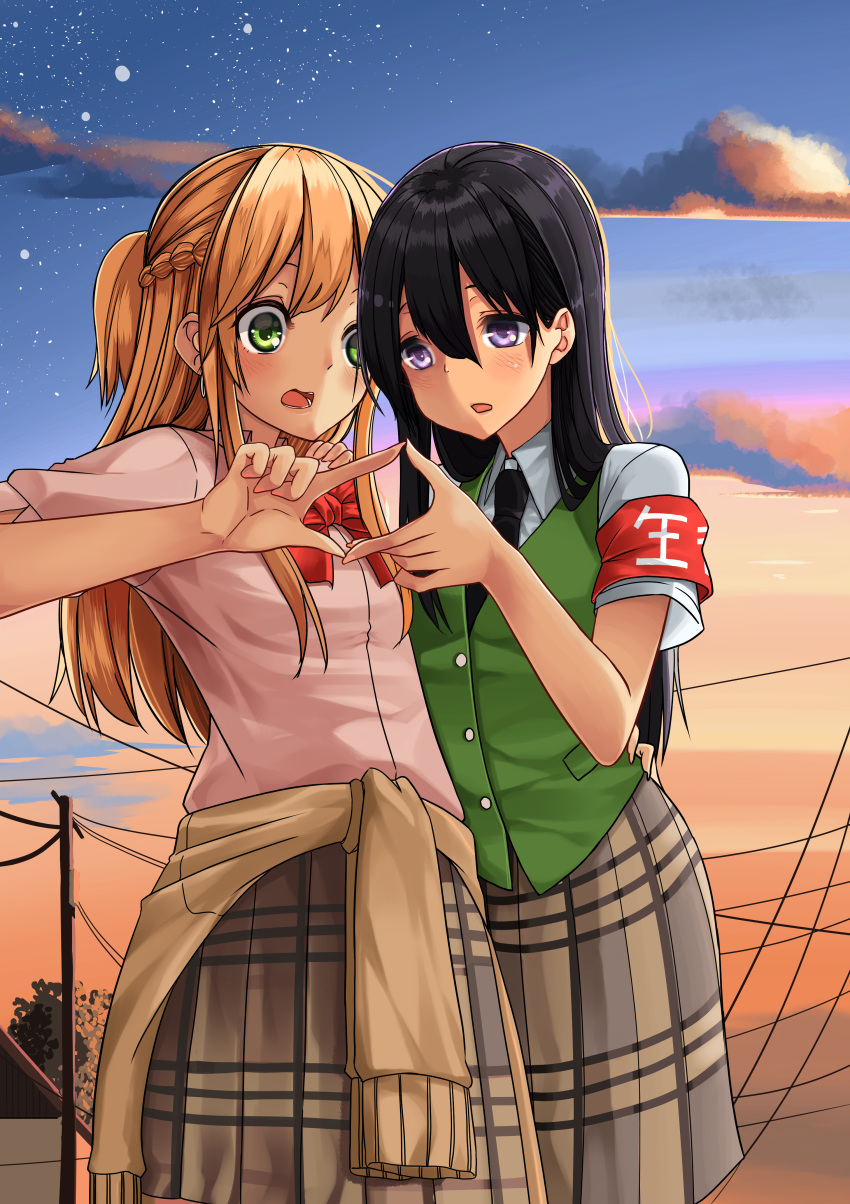 2girls absurdres aihara_mei aihara_yuzu armband bangs black_hair black_neckwear blonde_hair bow bowtie braid brown_skirt brown_sweater buttons citrus_(saburouta) clothes_around_waist cloud fingernails green_eyes green_shirt green_sweater_vest hair_between_eyes hand_on_another's_back highres long_hair multiple_girls necktie open_mouth outdoors pink_nails pink_shirt plaid plaid_skirt power_lines purple_eyes red_neckwear school_uniform shirt skirt sky step-siblings sweater sweater_around_waist sweater_vest sweet_reverie utility_pole wife_and_wife yuri