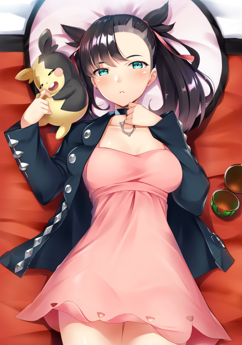 1girl absurdres asymmetrical_bangs bangs bed_sheet black_choker black_hair black_jacket blush choker commentary_request dress dusk_ball gen_8_pokemon hair_ribbon head_on_pillow highres jacket koikeya long_sleeves looking_at_viewer lying marnie_(pokemon) morpeko morpeko_(full) on_back open_clothes parted_lips pink_dress poke_ball pokemon pokemon_(creature) pokemon_(game) pokemon_swsh red_ribbon ribbon shiny shiny_hair