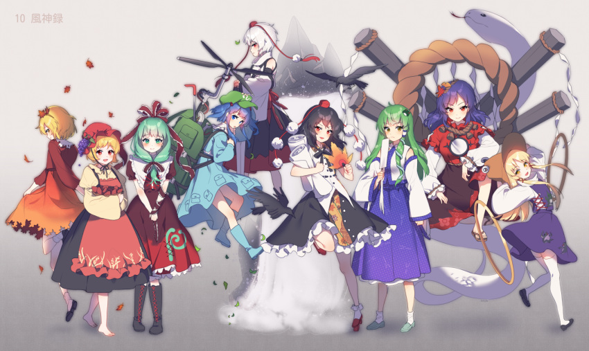 6+girls aki_minoriko aki_shizuha apron backpack bag banned_artist barefoot blonde_hair blue_eyes blue_hair boots commentary crowbar detached_sleeves dress front_ponytail geta green_eyes green_hair hair_ornament hajin hat hoop inubashiri_momiji kagiyama_hina kawashiro_nitori kochiya_sanae leaf_hair_ornament lineup long_hair long_sleeves looking_at_viewer medium_hair moriya_suwako mountain mountain_of_faith multiple_girls onbashira propeller purple_hair red_eyes rubber_boots shameimaru_aya short_hair simple_background skirt skirt_set snake tengu-geta thighhighs tokin_hat touhou water waterfall white_hair yasaka_kanako yellow_eyes