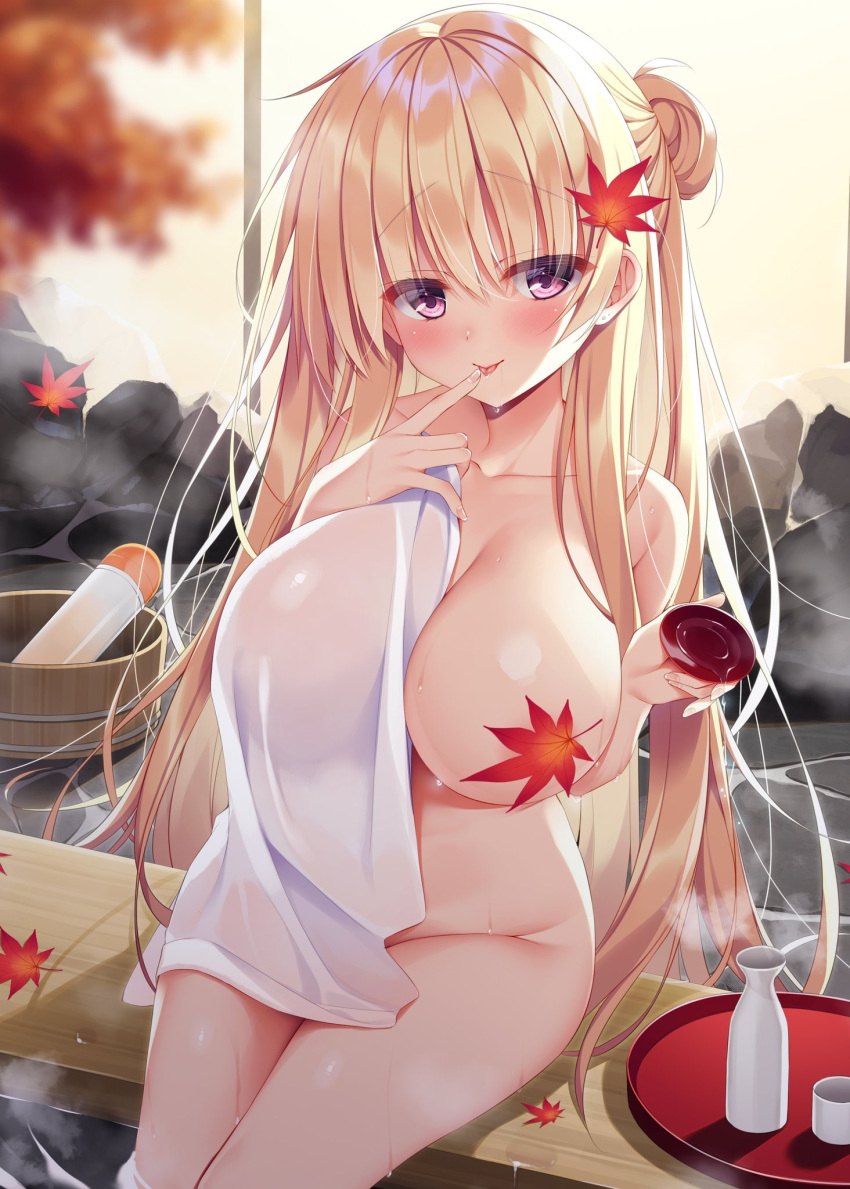 1girl :p autumn_leaves bangs blonde_hair blush bottle breasts collarbone cup groin highres holding holding_cup large_breasts long_hair looking_at_viewer naked_towel one_side_up onsen original purple_eyes sake_bottle shiny shiny_skin sidelocks sitting smile solo thighs tongue tongue_out towel very_long_hair wet yatanukikey