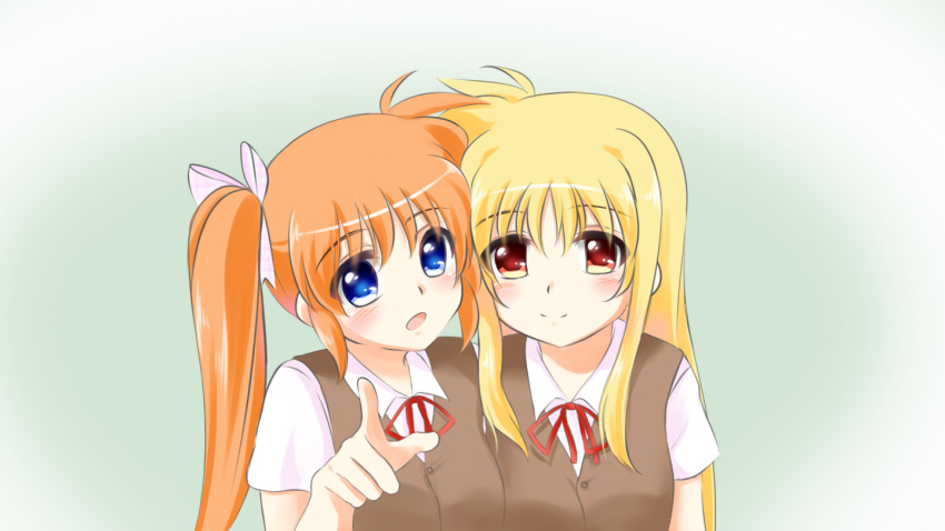 2girls blonde_hair blue_eyes blush couple fate_testarossa happy kerorokjy long_hair lyrical_nanoha mahou_shoujo_lyrical_nanoha mahou_shoujo_lyrical_nanoha_a's multiple_girls open_mouth orange_hair pointer pointing pointing_at_viewer red_eyes school_uniform side_ponytail simple_background smile takamachi_nanoha uniform very_long_hair yuri