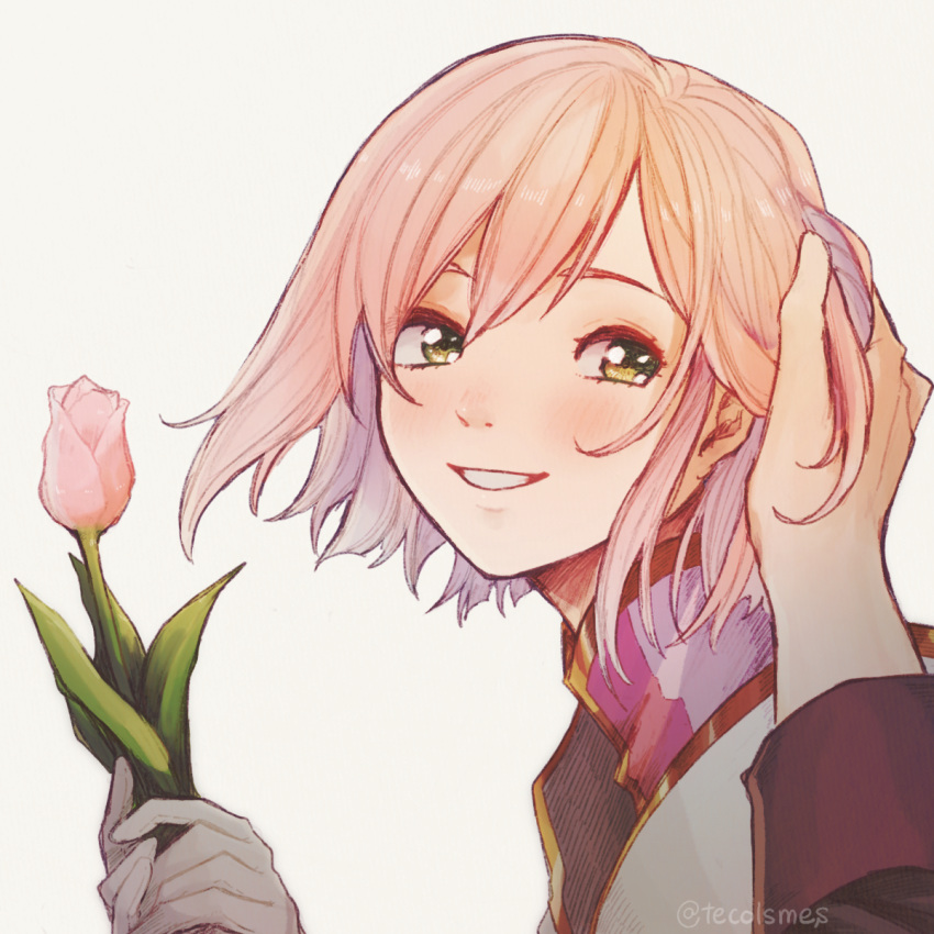 1girl artist_name close-up estellise_sidos_heurassein flower gloves green_eyes hand_on_another's_head highres holding holding_flower pink_hair short_hair simple_background smile solo tales_of_(series) tales_of_vesperia tulip white_gloves