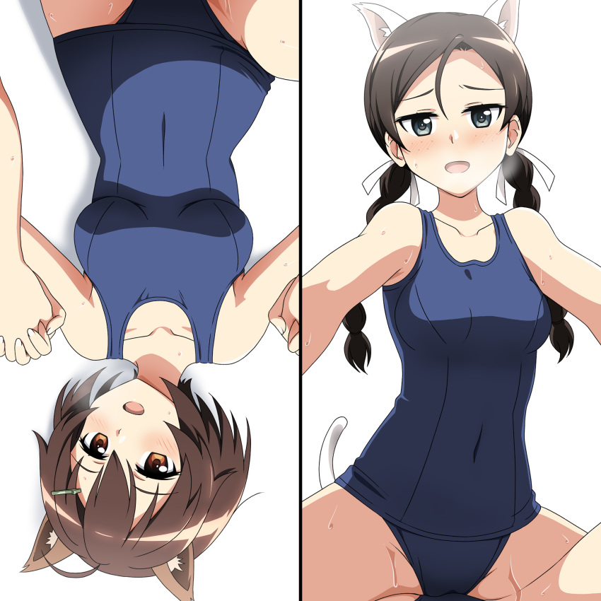 2girls animal_ears black_hair blue_eyes blue_swimsuit blush braid brave_witches breasts brown_hair cameltoe cat_ears cat_tail collarbone covered_navel freckles groin hair_ornament hairclip highres hiraizumi_(mugenkidousha) holding_hands implied_yuri karibuchi_hikari looking_at_viewer medium_breasts misumi_miya multiple_girls multiple_views open_mouth shiny shiny_hair short_hair simple_background small_breasts smile squirrel_ears swimsuit swimwear tail tribadism twin_braids twintails white_background world_witches_series yuri