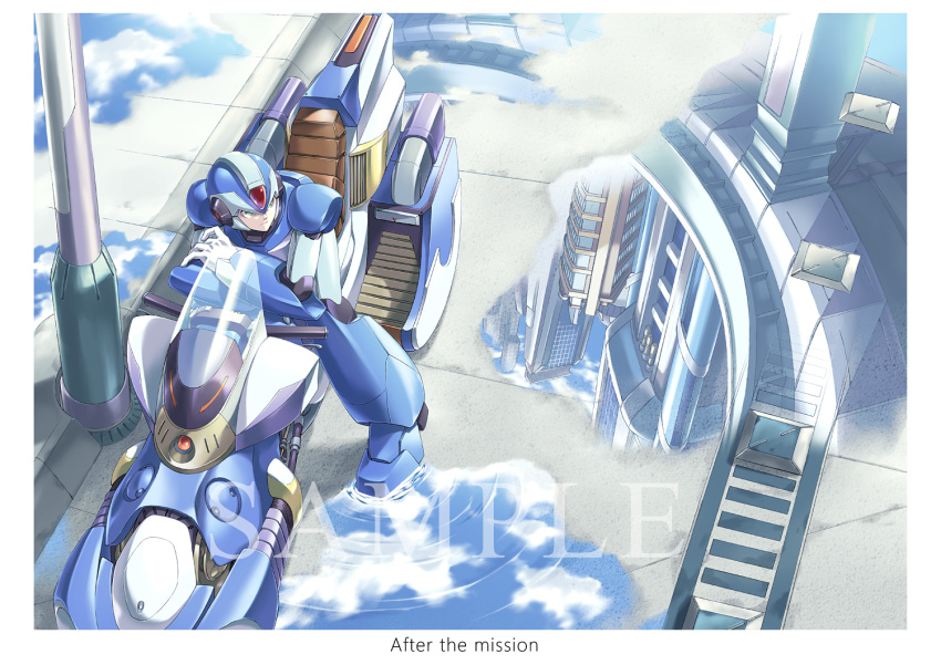 1boy android building capcom cloud fujino_yuuki green_eyes ground_vehicle helmet motor_vehicle motorcycle outdoors puddle reflection ripples rockman rockman_x sample sitting sky solo water x_(rockman)