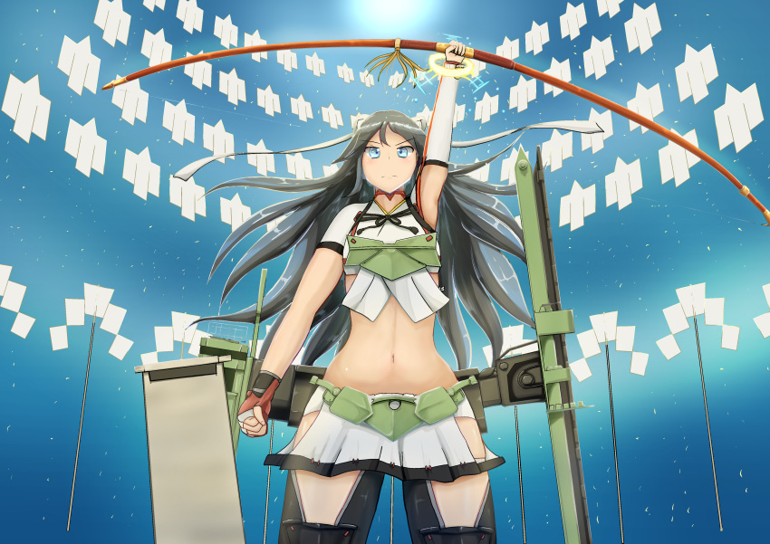 1girl absurdres asymmetrical_gloves black_hair black_legwear blue_eyes bow_(weapon) cowboy_shot elbow_gloves fingerless_gloves gloves hair_ribbon highres kantai_collection katsuragi_(kantai_collection) long_hair midriff oimachi_gattack pleated_skirt ponytail ribbon skirt solo thighhighs weapon white_ribbon