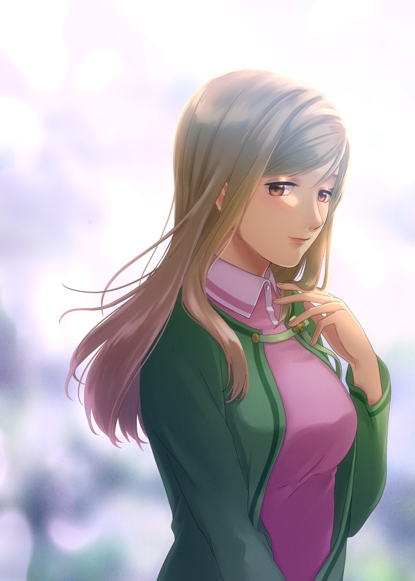 1girl absurdres blonde_hair blurry blurry_background brown_eyes cardigan closed_mouth floating_hair green_cardigan half-closed_eyes highres higurashi_no_naku_koro_ni light_smile long_hair murara pink_shirt polo_shirt shirt solo takano_miyo upper_body