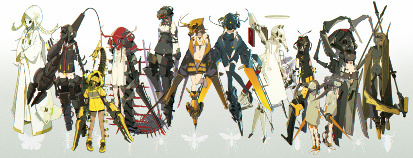 6+girls antennae barefoot bikini black_bodysuit black_dress black_footwear black_legwear black_skirt black_swimsuit bodysuit brown_hair cable china_dress chinese_clothes collared_dress covered_face covered_navel dress grey_shirt halo hood insect_girl jacket long_hair long_sleeves mecha_musume midriff multiple_girls navel off-shoulder_jacket one-piece_swimsuit original print_skirt red_neckwear sailor_collar shirt shoes short_sleeves skirt sleeveless sleeveless_dress sleeves_past_wrists striped striped_bikini swimsuit thighhighs twintails white_dress wide_sleeves yellow_bikini yellow_footwear yellow_jacket zenmaibook