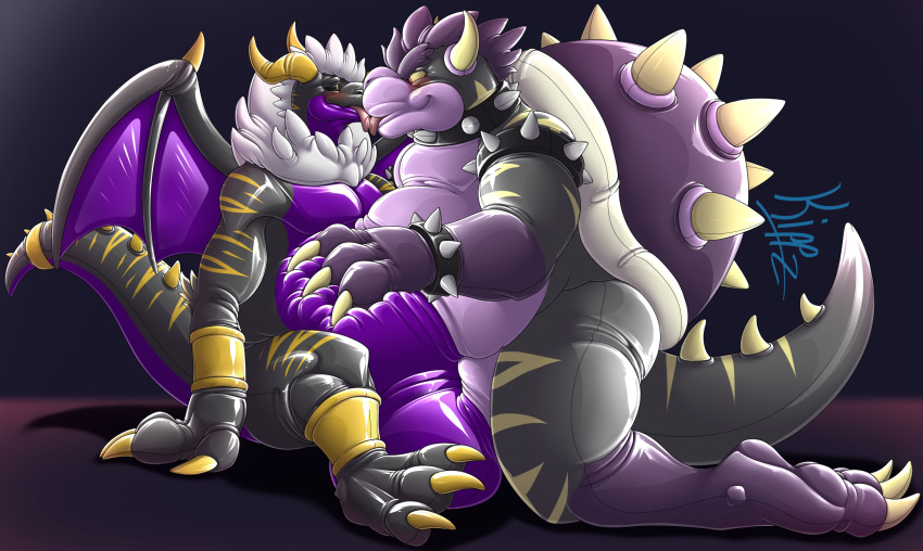 2020 3_toes alternate_color anthro belly big_belly big_bulge black_sclera blush bowser bracelet bulge claws collar delta_(kippz) digital_drawing_(artwork) digital_media_(artwork) dragon duo glistening hi_res horn jewelry kippz kissing koopa licking long_tail male male/male mario_bros markings membrane_(anatomy) membranous_wings nintendo red_eyes rubber scalie simple_background smile spiked_bracelet spiked_collar spikes submissive submissive_male toe_claws toes tongue tongue_out video_games wings wrist_cuff yellow_sclera