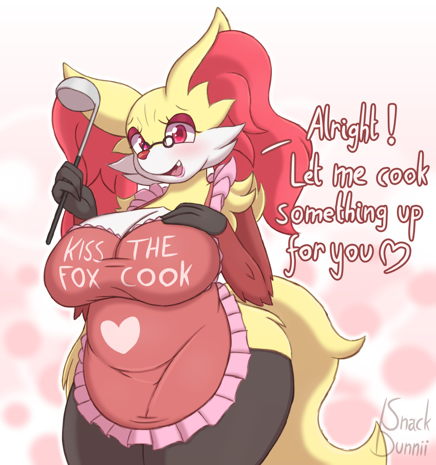 absurd_res anthro apron apron_only big_breasts blush breasts canid clothed clothing curvy_figure delphox dialogue english_text eyewear fangs female fur glasses hi_res holding_object inner_ear_fluff looking_at_viewer mammal mostly_nude multicolored_body multicolored_fur nintendo open_mouth pok&eacute;mon pok&eacute;mon_(species) red_eyes slightly_chubby snackbunnii solo talking_to_viewer text tuft video_games voluptuous