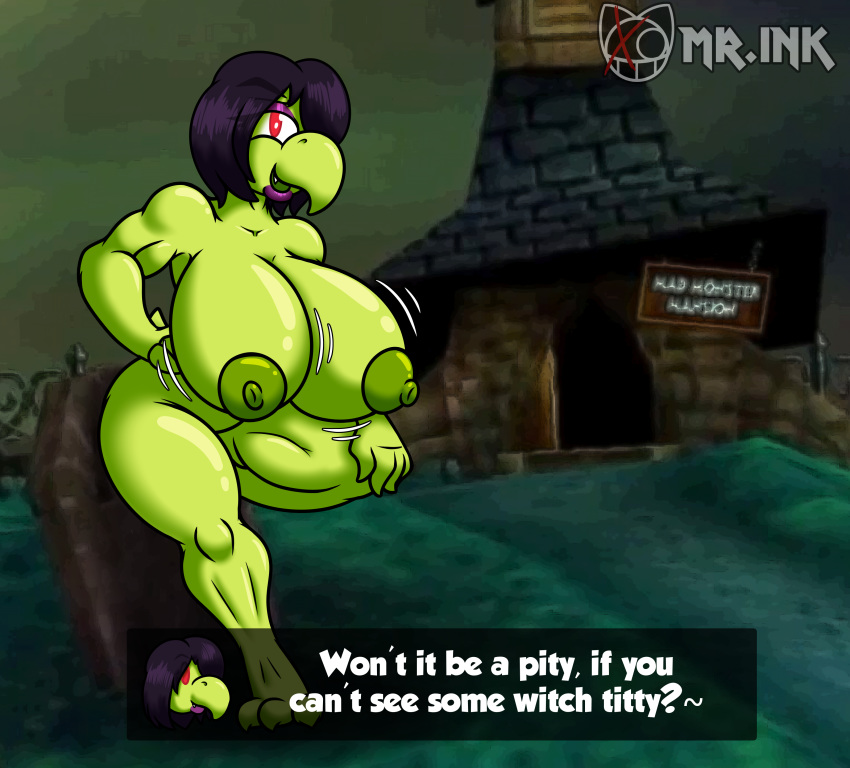 absurd_res anthro areola banjo-kazooie big_breasts black_clothing black_dress black_hair breasts clothing dialogue digital_drawing_(artwork) digital_media_(artwork) dress english_text female fingers green_body green_skin gruntilda_winkybunion hair halloween halloween_costume hi_res holidays huge_breasts koopa koopa_troopa looking_at_viewer magic_user mario_bros mr.ink_(artist) nintendo nipples non-mammal_breasts nude open_mouth rareware reptile scalie simple_background smile solo standing text thick_thighs video_games