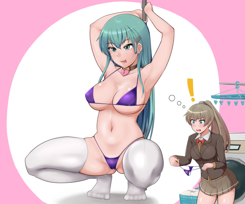 ! 2girls aqua_eyes aqua_hair ascot bikini bikini_bottom blue_eyes breasts brown_hair brown_jacket brown_skirt hair_ornament hairclip holding holding_bikini_bottom imagining jacket kantai_collection kumano_(kantai_collection) large_breasts long_hair long_sleeves micro_bikini multiple_girls navel nikku_(nzaf5832) pleated_skirt pole pole_dancing ponytail school_uniform skirt spread_legs squatting string_bikini stripper_pole suzuya_(kantai_collection) swimsuit thighhighs white_legwear