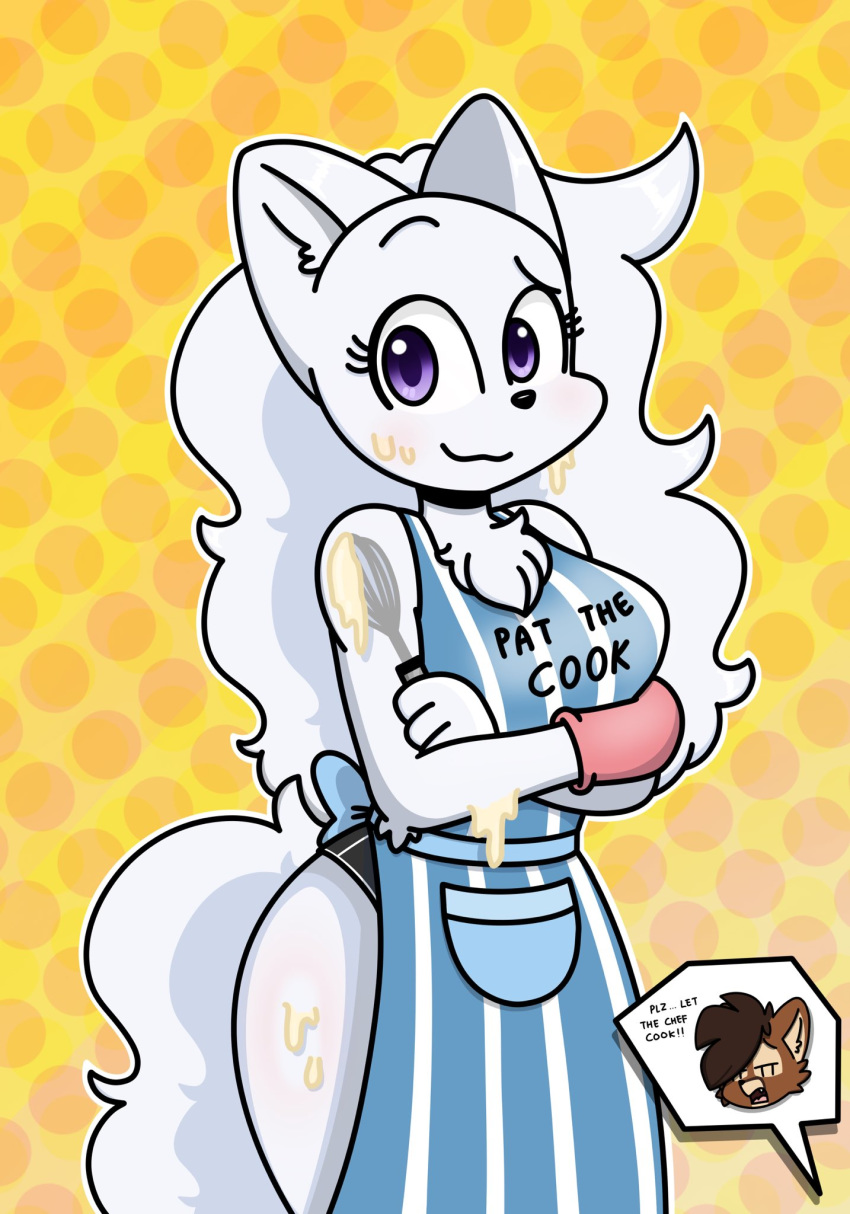 anthro apron blanca_(nicky_illust) brown_body brown_fur brown_hair canid canine canis clothed clothing cooking dialogue domestic_dog duo english_text female fur hair hi_res long_hair male mammal nicky_illust nordic_sled_dog partially_clothed purple_eyes samoyed siroc_(character) spitz stains text underwear viverrid white_body white_fur white_hair