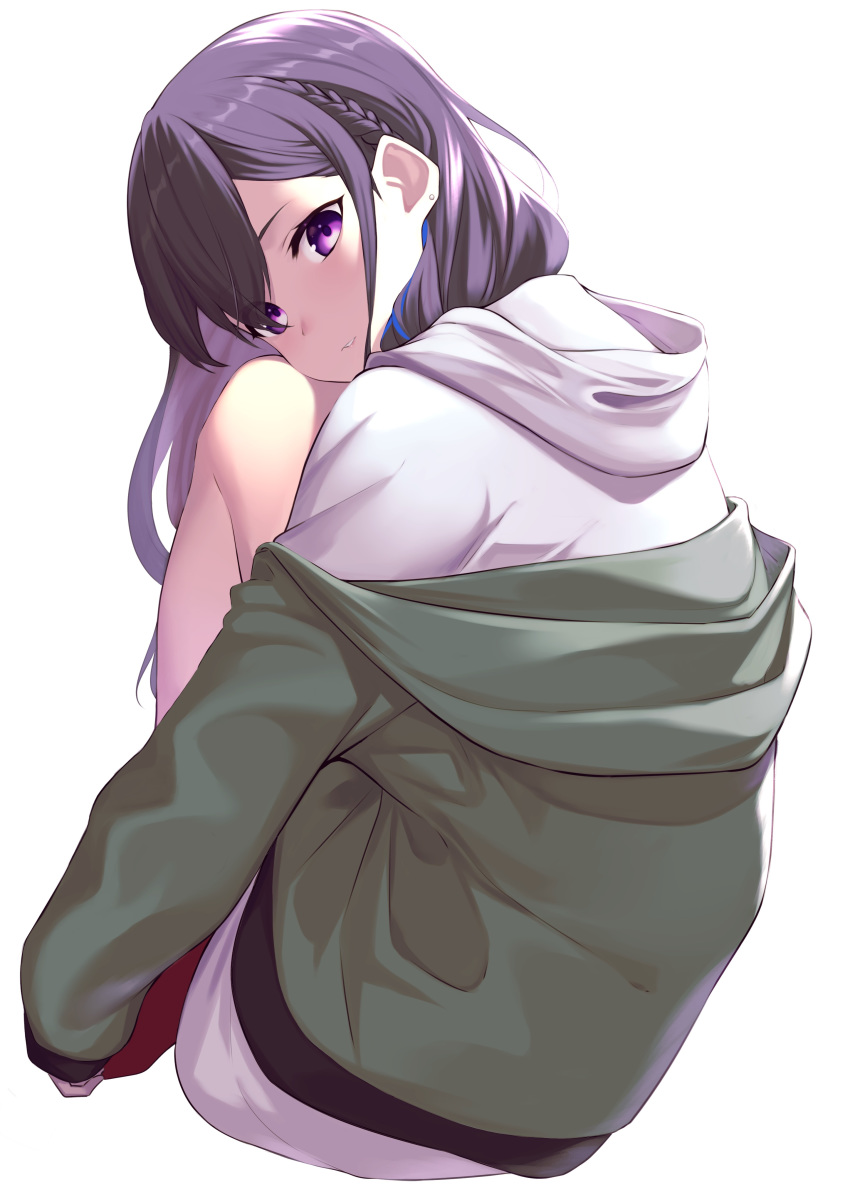 1girl absurdres asymmetrical_hair bangs blue_hair braid commentary earrings eyelashes green_jacket hair_behind_ear head_on_knees highres hood hood_down hoodie hoodie_dress ichinose_uruha jacket jewelry knees_up kuen_(kuennn12) leg_hug long_hair long_sleeves looking_at_viewer looking_back lupinus_virtual_games multicolored_hair off-shoulder_jacket off_shoulder parted_bangs parted_lips purple_eyes purple_hair shiny shiny_hair sidelocks simple_background sitting solo streaked_hair stud_earrings two-tone_hair virtual_youtuber white_hoodie