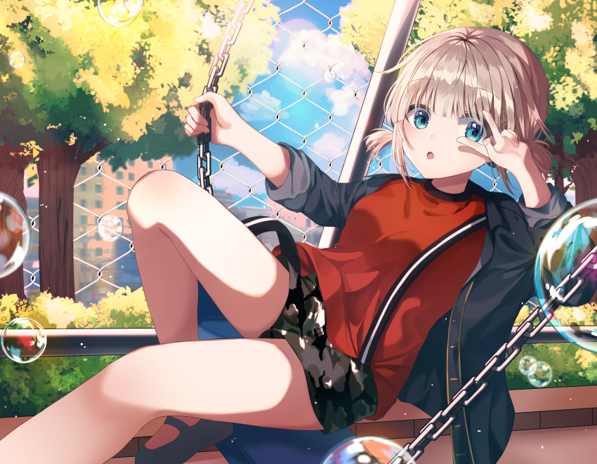 1girl :o absurdres bangs black_jacket blonde_hair blue_eyes breasts bubble bush camouflage cloud eyebrows_visible_through_hair fence highres idolmaster idolmaster_shiny_colors jacket knee_up looking_at_viewer medium_breasts nanna_(heyj2888) open_clothes open_jacket open_mouth outdoors red_shirt serizawa_asahi shirt short_hair shorts sitting sky sleeves_rolled_up solo swing swing_set swinging tree two_side_up v_over_eye