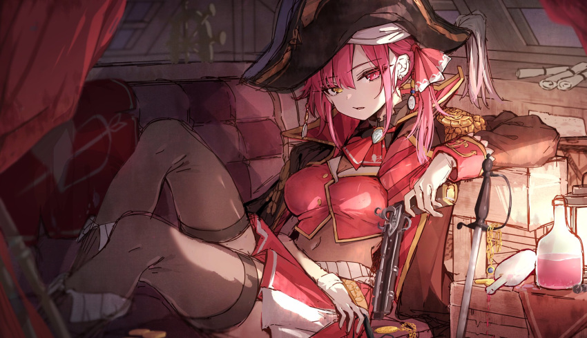 1girl antique_firearm ascot beads blurry boat_interior boots bottle brooch brown_legwear checkered couch crop_top curtains darjeeling_(reley) depth_of_field earrings firearm firelock flintlock gun hair_beads hair_ornament hat heterochromia highres holding holding_gun holding_weapon hololive houshou_marine indoors jewelry knee_boots knee_up lantern looking_at_viewer navel necklace nightstand parted_lips pirate pirate_costume pirate_hat pocket_watch reclining red_eyes red_hair red_skirt saber_(weapon) ship_interior skirt solo sword thighhighs virtual_youtuber watch weapon window zettai_ryouiki