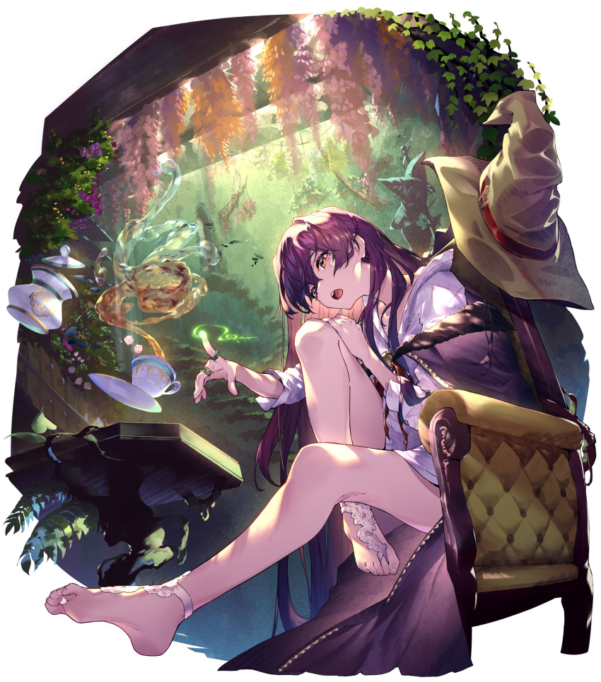 1girl absurdres barefoot black_hair chair cup essual_(layer_world) fantasy folded_leg hand_on_own_knee hat highres long_hair long_sleeves open_mouth original plant saucer shirt sitting soles solo teacup white_shirt witch_hat yellow_eyes