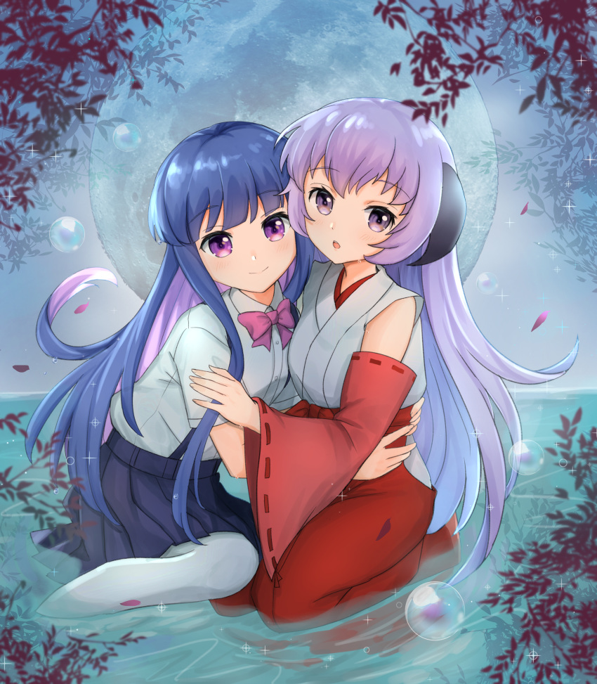 2girls :o absurdres blue_hair blue_skirt blurry bow bowtie branch bubble closed_mouth depth_of_field detached_sleeves full_moon furude_rika hakama hanyuu highres higurashi_no_naku_koro_ni horns hug japanese_clothes light_smile long_hair looking_at_viewer moon multicolored_hair multiple_girls pantyhose partially_submerged pink_bow pleated_skirt purple_bow purple_eyes purple_hair red_hakama sand_(redsunny924) school_uniform sitting skirt two-tone_hair water white_legwear wide_sleeves