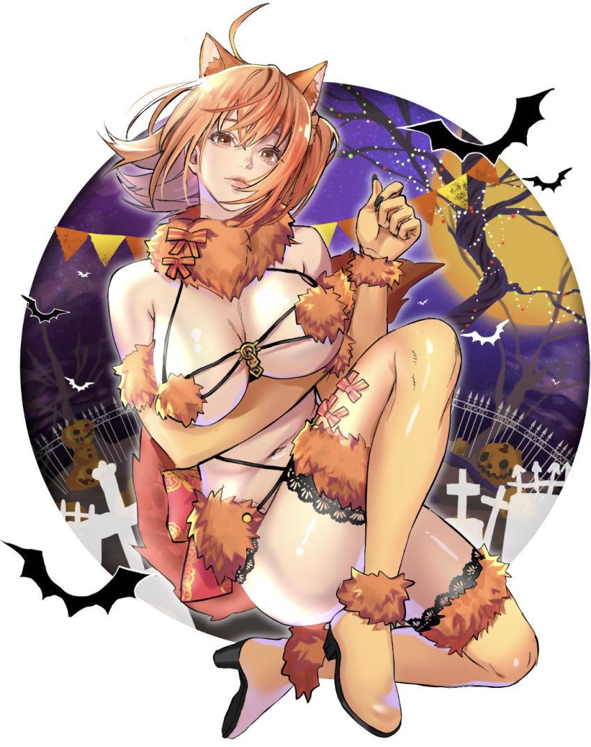 1girl ahoge animal_ears back_bow bat boots bow breasts brown_eyes brown_hair closed_mouth cosplay dangerous_beast elbow_gloves fate/grand_order fate_(series) fujimaru_ritsuka_(female) full_body fur_trim gloves halloween highres katekari_yuusuke large_breasts looking_at_viewer mash_kyrielight mash_kyrielight_(cosplay) orange_footwear orange_gloves paw_gloves paws pennant red_bow revealing_clothes shiny shiny_clothes shiny_skin short_hair solo striped striped_bow thigh_boots thighhighs