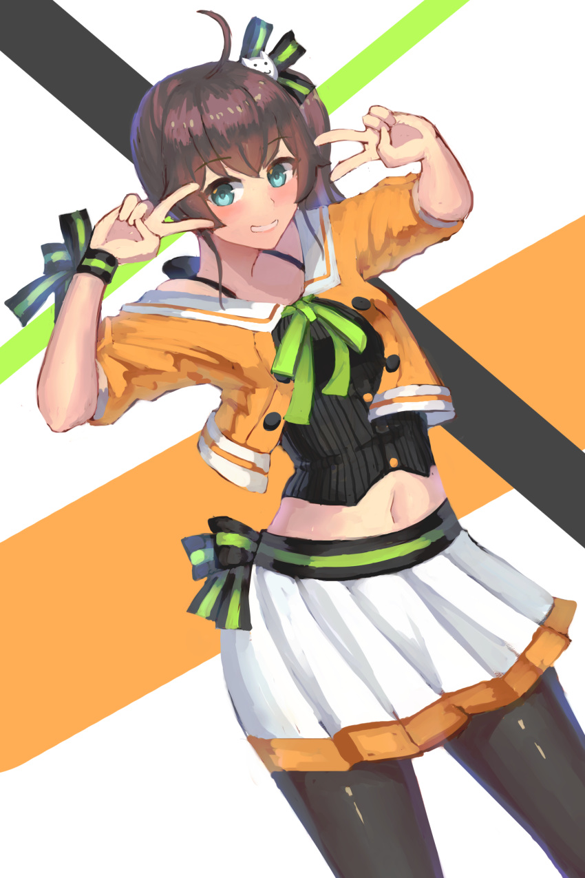 1girl absurdres ahoge aqua_eyes black_bow black_legwear black_shirt blush bow brown_hair buttons cat_hair_ornament cowboy_shot crop_top double_v green_ribbon green_stripe grin hair_ornament highres hololive looking_at_viewer mido_567 natsuiro_matsuri navel orange_background pantyhose pleated_skirt ribbon ringlets sailor_collar sailor_shirt shirt side_ponytail simple_background skirt smile solo spaghetti_strap striped striped_bow v v_over_eye virtual_youtuber white_background