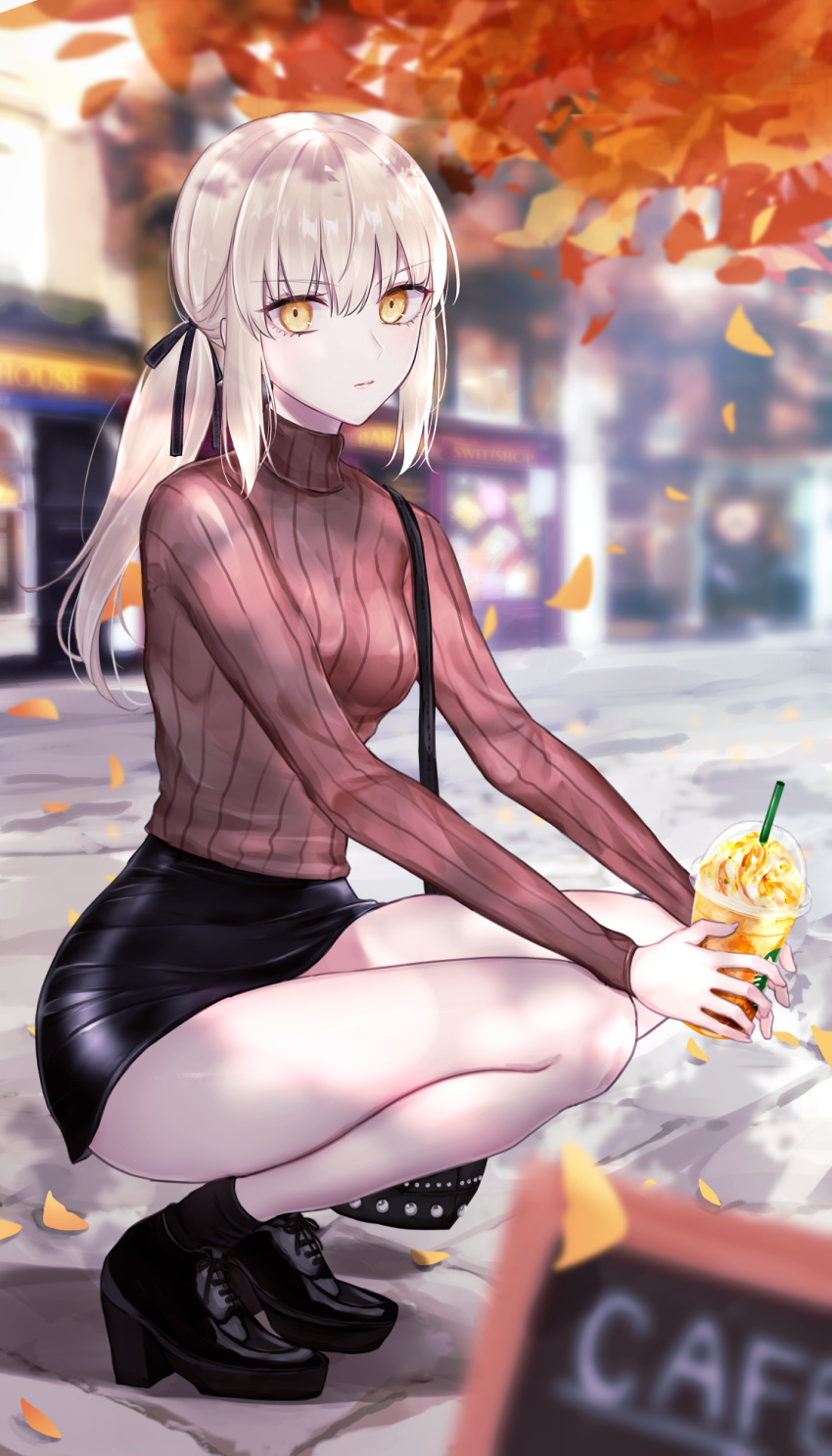 1girl artoria_pendragon_(all) autumn autumn_leaves bag bangs bare_legs black_bag black_footwear black_legwear black_ribbon black_skirt blonde_hair blurry blurry_background breasts building carrying_bag chalkboard_sign city closed_mouth commentary day depth_of_field eyebrows fate/grand_order fate_(series) food from_side full_body hair_between_eyes hands_on_own_knees high_heels highres holding holding_food ice_cream leaf legs legs_together long_hair long_sleeves looking_at_viewer medium_breasts meltymaple miniskirt outdoors outstretched_arms pencil_skirt pink_sweater ponytail red_sweater ribbed_sweater ribbon road saber_alter shirt_tucked_in shoes shoulder_bag sidelocks skirt socks solo squatting starbucks street sundae sweater taut_clothes taut_skirt tied_hair turtleneck turtleneck_sweater v-shaped_eyebrows yellow_eyes