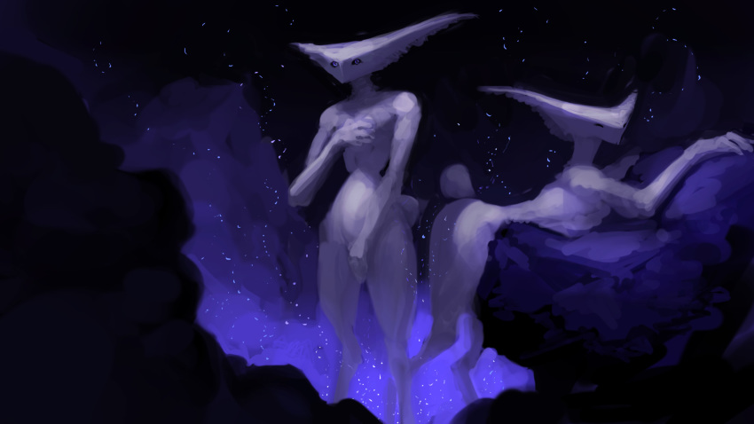 16:9 alien ambiguous_gender anthro arched_back blue_eyes butt covering covering_crotch covering_self duo eyes_closed grey_body grey_skin hi_res leaning leaning_forward leaning_on_rock meandraco not_furry scut_tail standing widescreen