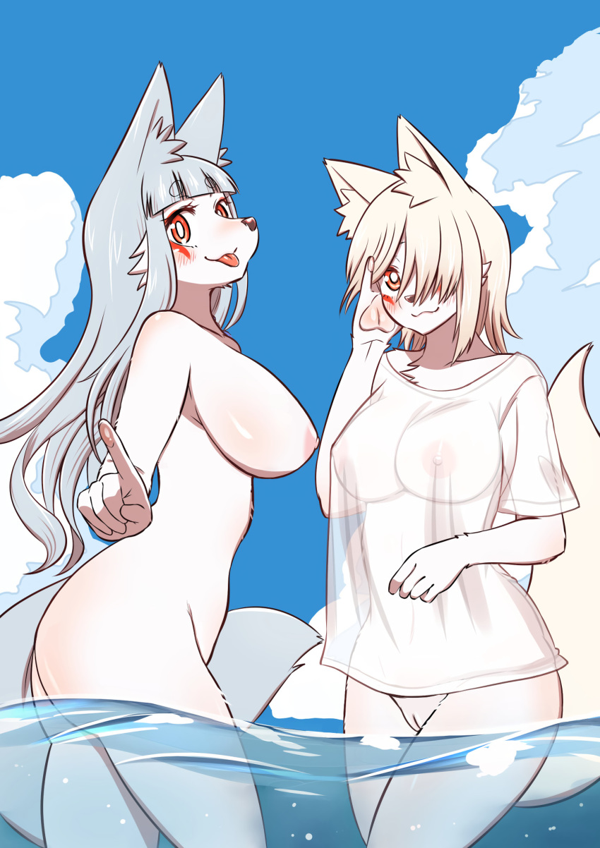 :3 anonymous_artist anthro big_breasts blush breasts butt canid canine clothed clothing cloud duo edit facial_markings female fox fur genitals gesture grey_hair hair head_markings hi_res high_school_inari_tamamo-chan hime_cut kemono long_hair looking_at_viewer mammal markings mehajiki mostly_nude nipples nude osaki_fushimi outside partially_submerged pawpads pointing pussy red_eyes red_markings sea shirt side_mouth side_view sky smile t-shirt tamamo-chan's_a_fox tamamo_fushimi tongue tongue_out topwear translucent translucent_clothing translucent_shirt translucent_topwear water wet wet_clothing wet_shirt wet_topwear white_body white_fur white_hair yuuki_ray