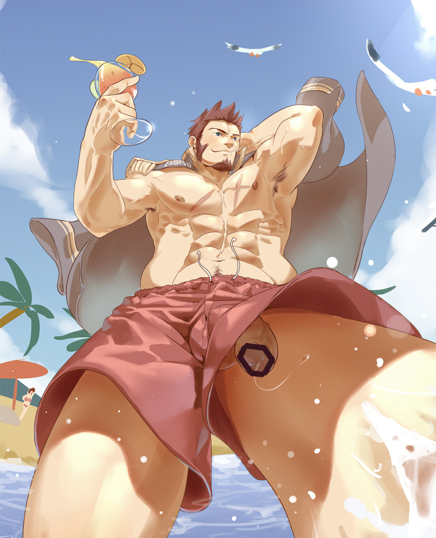 1boy abs alternate_costume arm_behind_head armpit_hair armpits bar_censor bara beach blue_eyes brown_hair censored chest chest_scar cup elec_bobo facial_hair fate/grand_order fate_(series) flaccid foreshortening foreskin from_below goatee highres holding holding_cup male_focus male_swimwear muscle napoleon_bonaparte_(fate/grand_order) navel navel_hair nipples outdoors penis penis_peek scar short_hair sideburns simple_background solo summer swim_trunks swimwear thick_thighs thighs