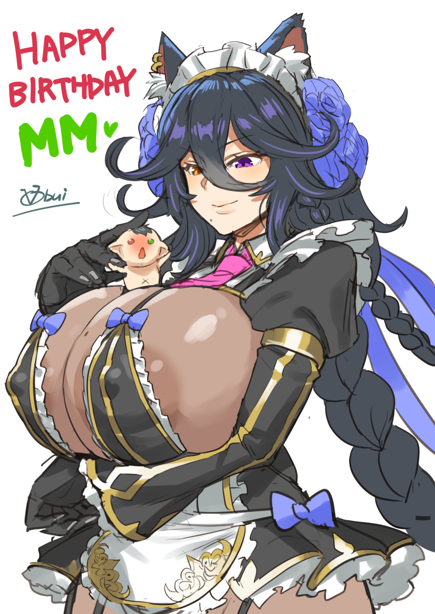 1boy 1girl animal_ear_fluff animal_ears apron areola_slip areolae artist_name black_gloves black_hair blue_flower blue_ribbon blue_rose bodystocking braid breasts cat_ears commentary_request covered_nipples earrings flipped_hair flower frills gloves green_eyes happy_birthday heterochromia highres huge_breasts jewelry juliet_sleeves last_origin long_sleeves maid maid_apron miniboy mole mole_on_breast mole_under_mouth necktie obui orange_eyes parted_lips pink_neckwear poi_(last_origin) puffy_sleeves purple_eyes red_eyes ribbon rose short_necktie smile white_background