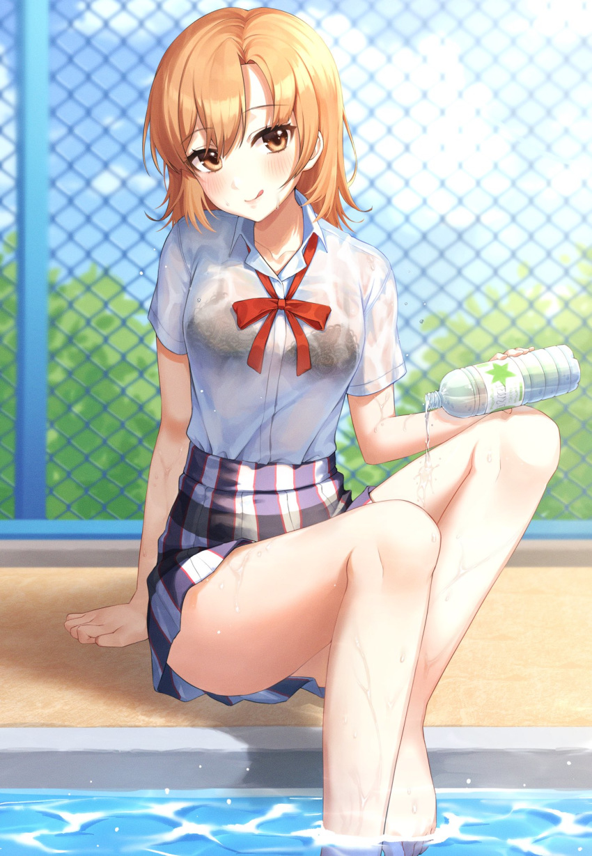1girl :p bangs bare_legs barefoot black_bra black_skirt blurry blurry_background bottle bra breasts chain-link_fence collared_shirt commentary day depth_of_field dress_shirt eyebrows_visible_through_hair fence highres holding holding_bottle isshiki_iroha long_hair looking_at_viewer medium_breasts miniskirt neck_ribbon orange_eyes orange_hair outdoors plaid plaid_skirt pool poolside red_neckwear red_ribbon ribbon school_uniform seductive_smile see-through shirt short_sleeves skirt smile soaking_feet solo tongue tongue_out underwear water water_bottle wet wet_clothes wet_shirt wing_collar xiho_(suna) yahari_ore_no_seishun_lovecome_wa_machigatteiru.