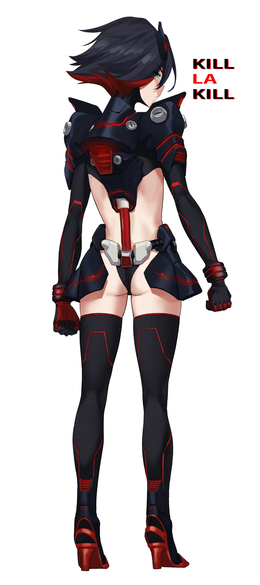 1girl absurdres alternate_costume back black_footwear black_gloves black_hair clenched_hands copyright_name eyebrows_visible_through_hair eyes_visible_through_hair gloves glowing glowing_eyes headgear high_heels highres kill_la_kill lee0110 looking_back matoi_ryuuko multicolored multicolored_clothes multicolored_gloves multicolored_hair red_gloves red_hair red_legwear science_fiction simple_background solo standing turtleneck white_background