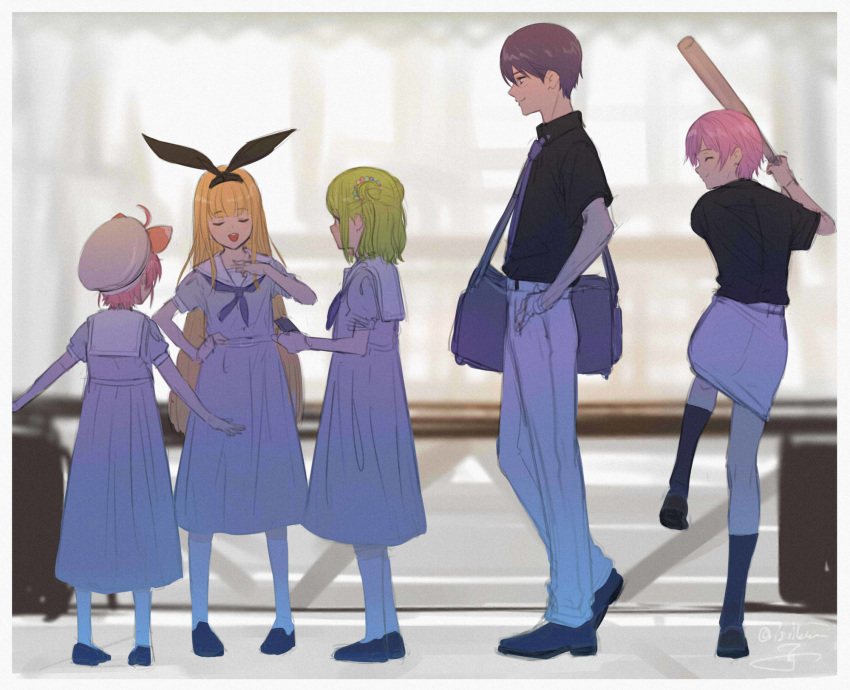 1boy 4girls ^_^ ahoge bag bandaged_hands bandages bangs baseball_bat beret black_footwear black_legwear black_ribbon black_shirt blonde_hair blue_dress blue_neckwear blurry blurry_background closed_eyes collared_shirt depth_of_field double_bun dress eyebrows_visible_through_hair from_side full_body green_hair hair_between_eyes hair_ribbon hand_on_hip hand_up hat highres holding holding_baseball_bat isshiki_(ffmania7) kenmochi_touya long_hair looking_at_another mononobe_alice morinaka_kazaki multiple_girls neckerchief necktie nijisanji pants pink_hair pleated_dress profile puffy_short_sleeves puffy_sleeves purple_hair purple_neckwear ribbon sailor_collar sailor_dress school_uniform shirt shoes short_hair short_sleeves skirt smile socks standing standing_on_one_leg ushimi_ichigo very_long_hair virtual_youtuber white_headwear white_legwear white_pants white_sailor_collar white_skirt yuuhi_riri