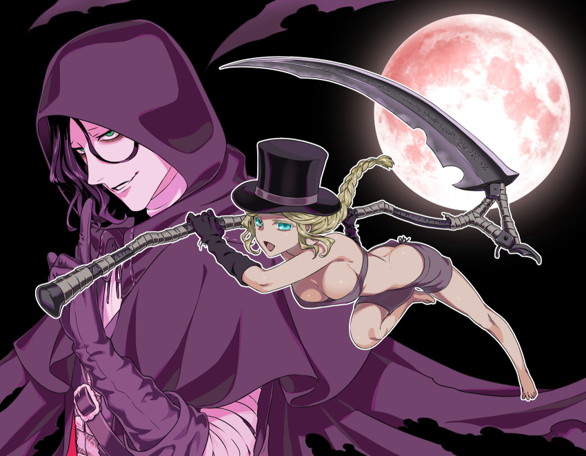 1boy 1girl arizuka_(catacombe) bandeau bare_shoulders barefoot black_background black_gloves black_hair black_headwear blonde_hair bloodborne blue_eyes boxer_briefs braid braided_ponytail breasts burial_blade cape cleavage cloak commentary_request elbow_gloves feet fighting_stance finger_to_mouth full_moon gloves hair_between_eyes hat highres holding holding_scythe hood hooded_cape hunter_(bloodborne) index_finger_raised large_breasts moon purple_cape scythe shushing smile top_hat weapon