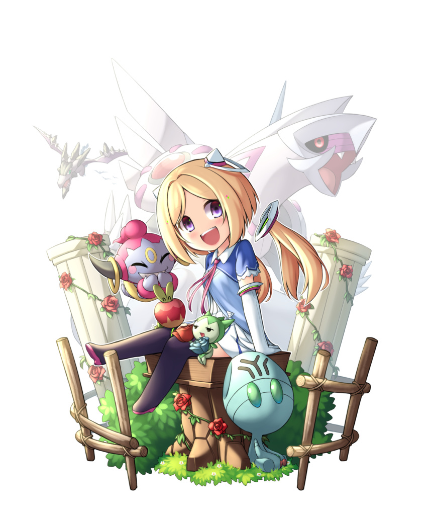 1girl aerodactyl aki_rosenthal applin blonde_hair crossover detached_hair elgyem english_commentary gen_1_pokemon gen_3_pokemon gen_4_pokemon gen_5_pokemon gen_8_pokemon highres hololive legendary_pokemon looking_at_viewer open_mouth palkia pinguinkotak pokemon pokemon_(creature) purple_eyes roselia smile younger