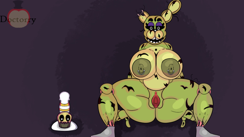 2020 animatronic anthro big_breasts black_eyebrows black_nose black_sclera breasts crossgender cupcake_(fnaf) doctorry eyebrows eyelashes female five_nights_at_freddy's five_nights_at_freddy's_3 genitals green_body green_nipples hand_on_ground lagomorph leporid looking_at_viewer machine mammal nipple_piercing nipples open_mouth piercing presenting presenting_pussy pussy rabbit robot signature simple_background sitting solo spread_legs spreading springtrap_(fnaf) teeth video_games white_eyes