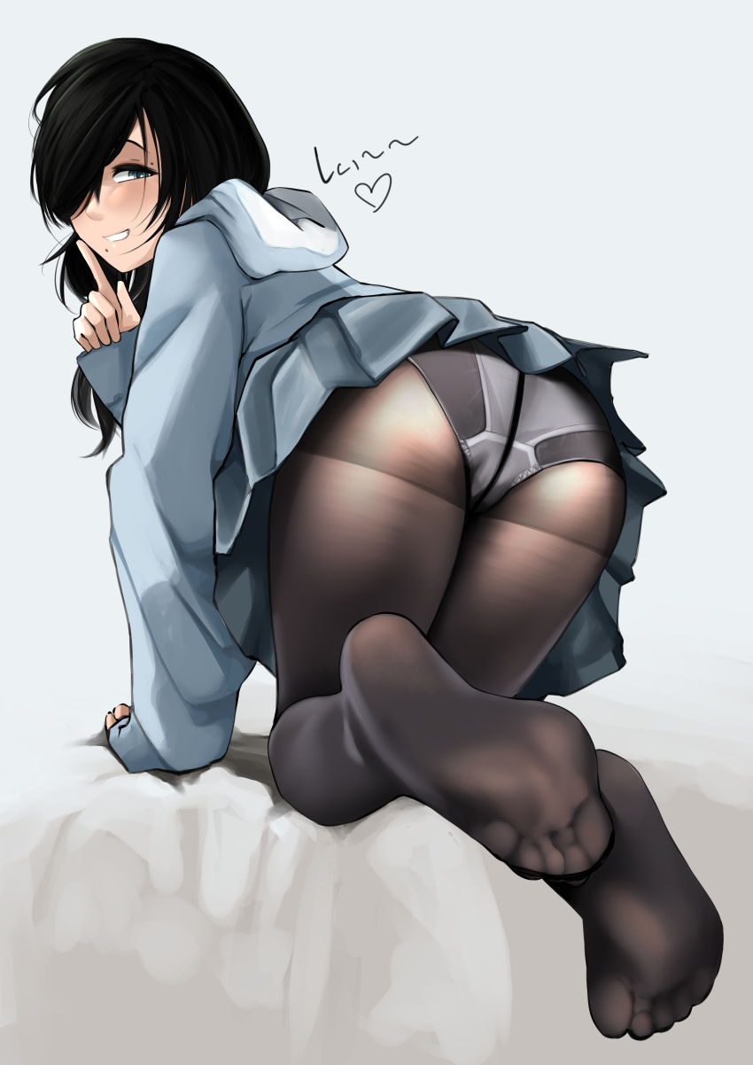 1girl absurdres all_fours ass black_hair black_legwear blue_skirt hair_over_one_eye highres hood hood_down hoodie index_finger_raised long_hair looking_at_viewer looking_back mole mole_above_eye mole_under_mouth original panties panties_under_pantyhose pantyhose rain_prophet simple_background skirt underwear