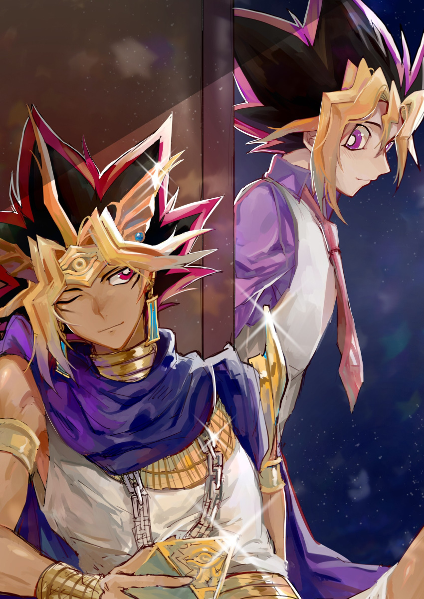 2boys absurdres atem black_hair blonde_hair cape closed_mouth dark_skin dark_skinned_male earrings egyptian_clothes gold highres jacket jewelry light_smile looking_at_another male_focus millennium_puzzle multiple_boys mutou_yuugi purple_eyes purple_hair red_eyes shirt tounori_(nrmc_7) tunic white_shirt yu-gi-oh! yu-gi-oh!_duel_monsters