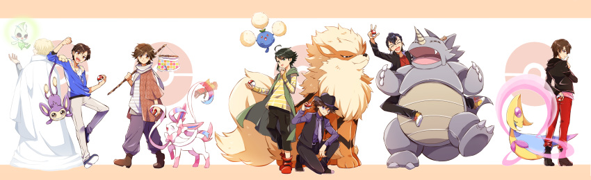 6+boys aipom ankh_(ooo) arcanine briefs carrying celebi cresselia dual_persona fedora gen_1_pokemon gen_2_pokemon gen_4_pokemon gen_6_pokemon ghost hat hidari_shoutarou highres hino_eiji hood hoodie jumpluff kamen_rider kamen_rider_fourze_(series) kamen_rider_gaim_(series) kamen_rider_ooo_(series) kamen_rider_w kamen_rider_wizard_(series) kazuraba_kouta kisaragi_gentarou legendary_pokemon multiple_boys mythical_pokemon necktie one_knee philip_(kamen_rider) piggyback poke_ball pokemon pompadour rhydon scarf smile souma_haruto sylveon underwear yoshino_(gunform)