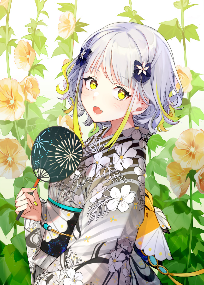 1girl 447_records absurdres al_mican blonde_hair blush fan fang flower highres japanese_clothes kimono looking_at_viewer looking_to_the_side multicolored_hair nail_polish open_mouth plant silver_hair standing virtual_youtuber white_hair yellow_eyes yellow_flower yukata yuzuha_(yuzuha_virtual)