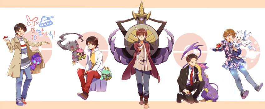 5boys aegislash banette coat egg formal gen_2_pokemon gen_3_pokemon gen_5_pokemon gen_6_pokemon gen_7_pokemon highres houjou_emu kamen_rider kamen_rider_build_(series) kamen_rider_drive_(series) kamen_rider_ex-aid_(series) kamen_rider_ghost_(series) kamen_rider_zi-o_(series) kiryuu_sento labcoat liepard multiple_boys necktie one_knee poipole poke_ball pokemon smile suit tenkuuji_takeru togetic tokiwa_sougo tomari_shinnosuke ultra_beast yoshino_(gunform)