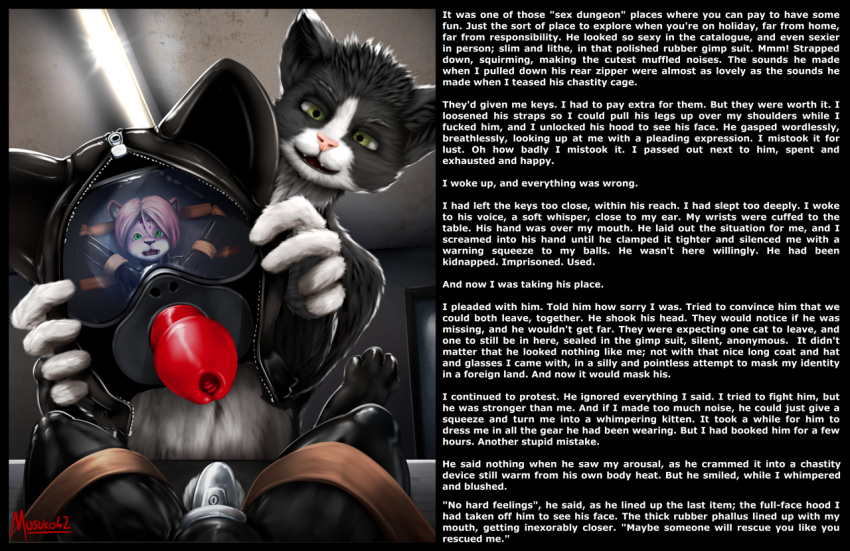 anthro bdsm bondage bound chastity_cage chastity_device clothing domestic_cat duo english_text felid feline felis forced gag gimp gimp_mask identity_swap kidnapping male male/male mammal mask mask_with_sex_toy musuko42 profanity rubber rubber_suit text visor