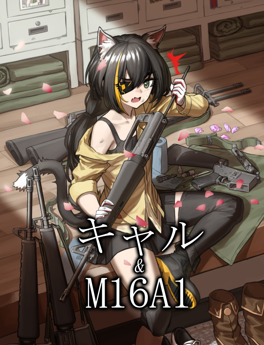 1girl animal_ears assault_rifle bangs bare_shoulders black_eyepatch black_hair black_legwear cat_ears cat_girl cat_tail cheogtanbyeong commentary_request cosplay eyepatch fang girls_frontline gloves green_eyes gun highres holding holding_gun holding_weapon indoors karyl_(princess_connect!) long_hair looking_at_viewer m16 m16a1 m16a1_(girls_frontline) m16a1_(girls_frontline)_(cosplay) multicolored_hair off_shoulder open_mouth petals princess_connect! rifle shorts sitting solo streaked_hair submachine_gun sweatdrop tail translation_request very_long_hair weapon white_hair