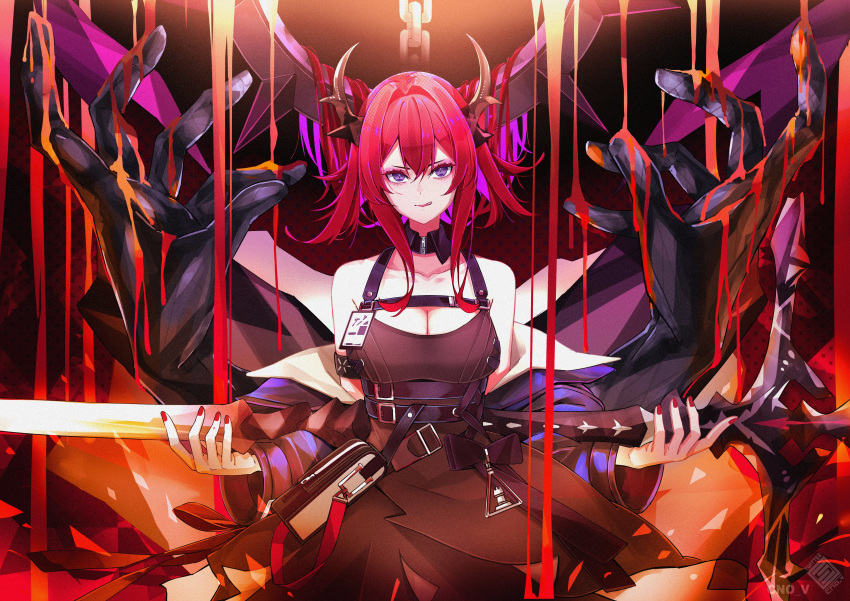 1girl :q absurdres arknights armband bangs bare_shoulders belt black_belt black_dress breasts cleavage cno commentary cowboy_shot detached_collar dress hair_between_eyes highres horns long_hair looking_at_viewer medium_breasts nail_polish purple_eyes red_hair red_nails solo surtr_(arknights) tongue tongue_out