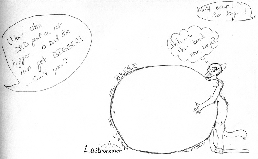 belly bethesda_softworks big_belly blush breasts butt dialogue felid female hand_on_stomach hi_res hose hose_in_mouth hose_inflation hyper hyper_belly inflation katia_managan khajiit liquid_inflation lustronomer mammal monochrome nipples prequel simple_background solo sound_effects speech_bubble standing text the_elder_scrolls thought_bubble video_games webcomic