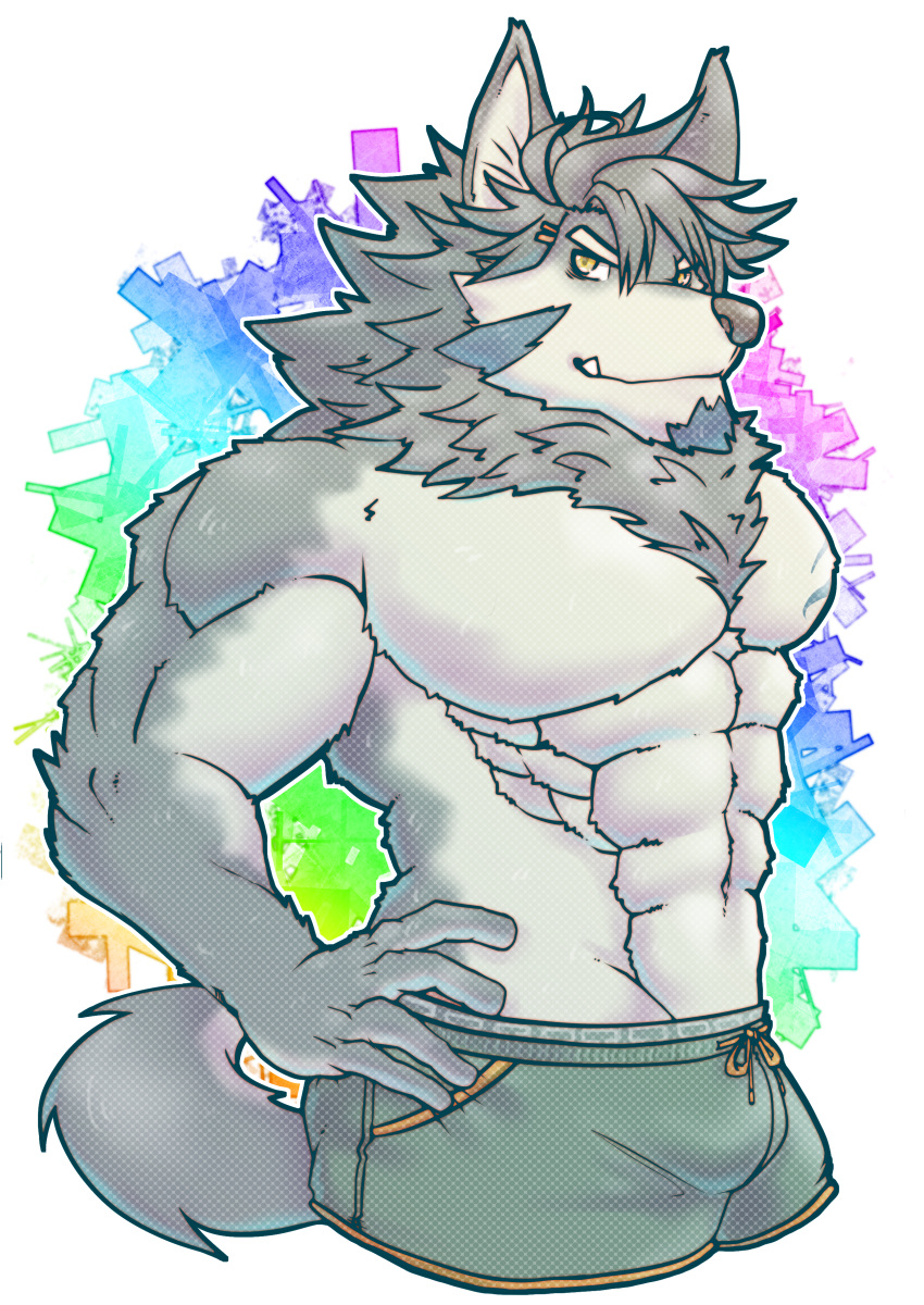 abs absurd_res accessory anthro blonde_hair bottomwear canid canine canis clothed clothing fangs fur green_bottomwear green_clothing grey_body grey_fur grey_hair hair hair_accessory hairclip hand_on_hip hi_res male mammal muscular muscular_anthro muscular_male pecs solo temujin toji_kun tokyo_afterschool_summoners topless video_games wolf