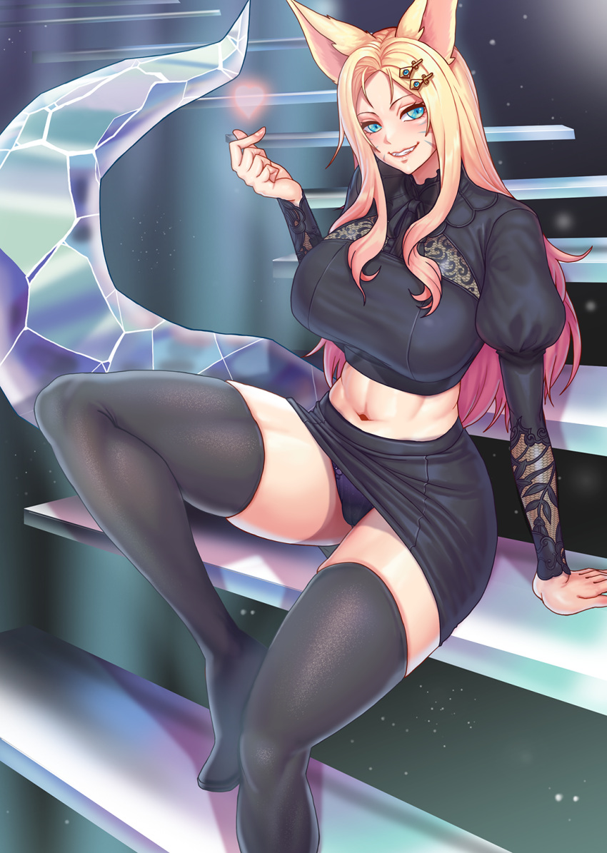 1girl abs ahri animal_ears aqua_eyes arm_support bangs black_footwear black_panties black_shirt black_skirt blush boots breasts commentary crop_top facial_mark fox_ears fox_tail gesture gonster gradient_hair grin groin hair_ornament hairclip heart highres juliet_sleeves k/da_(league_of_legends) k/da_ahri large_breasts league_of_legends long_hair long_sleeves looking_at_viewer midriff miniskirt multicolored_hair navel panties pantyshot parted_bangs puffy_sleeves purple_hair shirt sidelocks sitting skirt smile solo stairs tail thigh_boots thighhighs underwear whisker_markings zettai_ryouiki